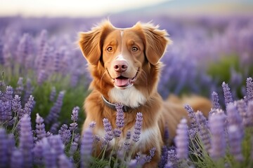 A dog in lavender flowers - obrazy, fototapety, plakaty