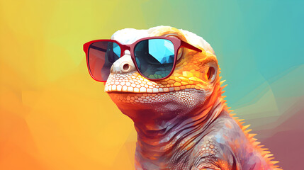 Lizard wearing sunglasses on a solid background
