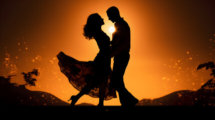 Silhouette of a young couple dancing intimately