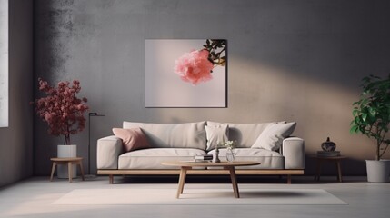 Modern interior design, in a spacious room, next to a table with flowers against a gray wall. Bright, spacious room with a comfortable sofa, plants and elegant accessories.