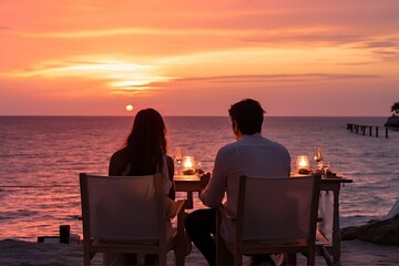 A table set for a romantic dinner on the beach - obrazy, fototapety, plakaty