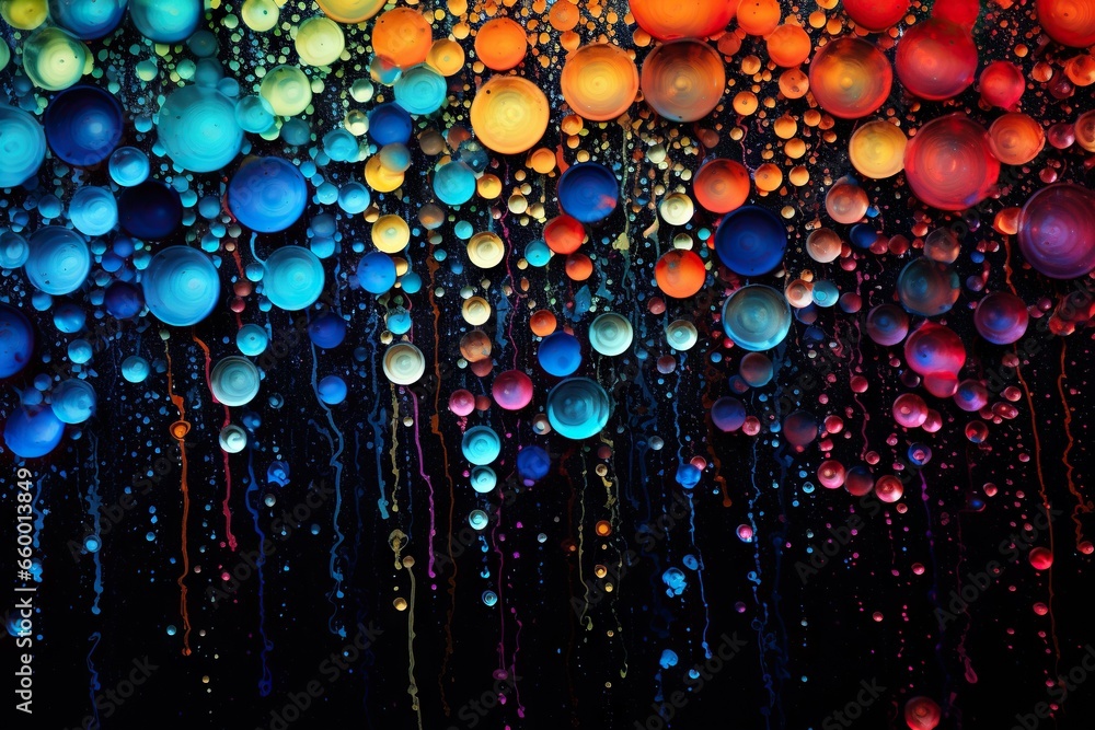 Poster a group of bubbles floating in the air with a black background. generative ai