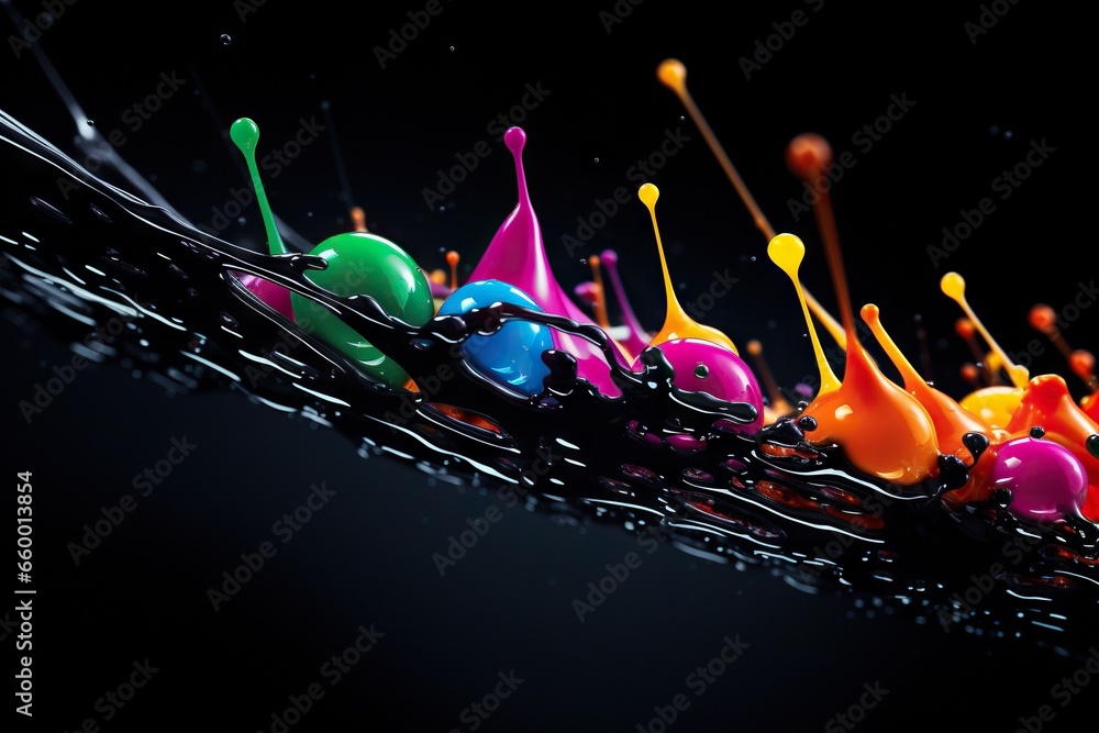 Poster a group of colorful objects floating on top of a black surface. generative ai