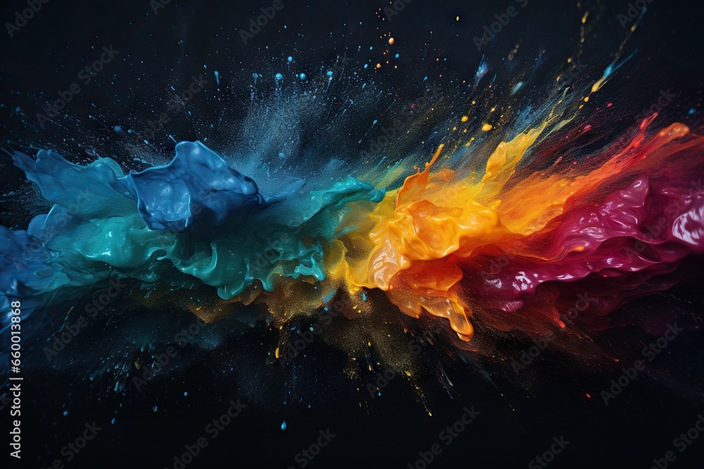 Poster a multicolored object is flying through the air with water droplets. generative ai