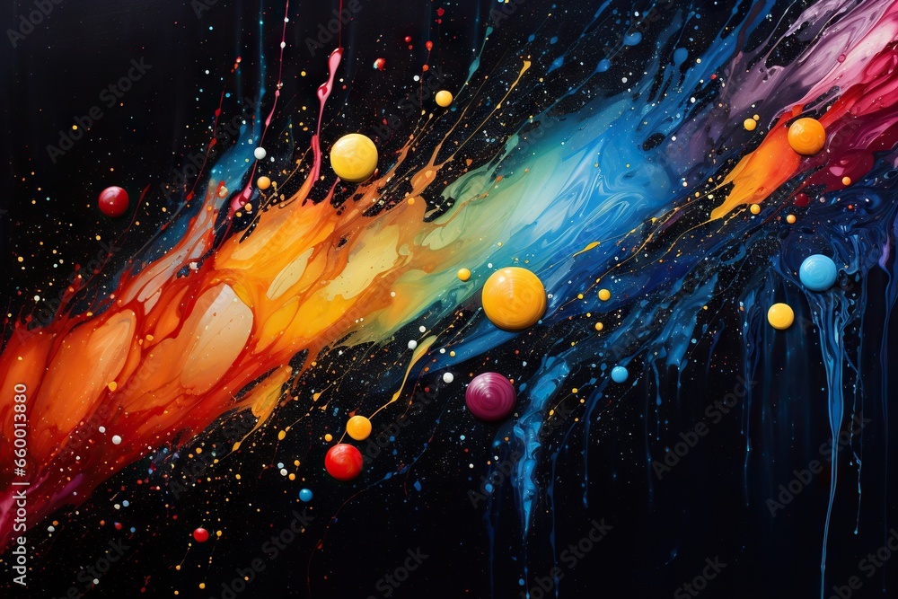 Poster a painting of a multicolored abstract background with drops of paint. generative ai