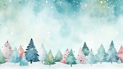 Watercolor Christmas horizontal seamless pattern with hand-drawn animals and snow-covered trees.  New Year's holiday illustration. - obrazy, fototapety, plakaty