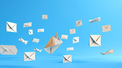 Flying paper envelopes on a blue background. 3D rendering.