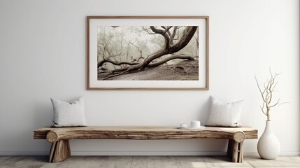 rustic bench made of aged wood logs close to a white wall with an art poster frame. Contemporary farmhouse living room with bohemian decor