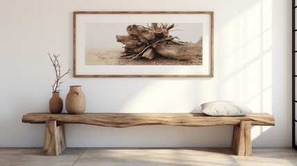 rustic bench made of aged wood logs close to a white wall with an art poster frame. Contemporary farmhouse living room with bohemian decor