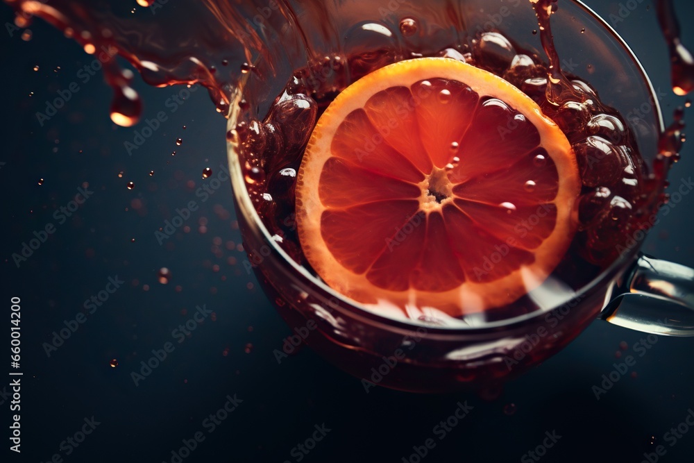 Poster a grapefruit in a glass with water splashing on it. generative ai