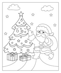 Coloring page of a decorated Christmas tree with gifts. Vector black and white illustration on white background.