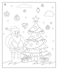 Coloring page of a decorated Christmas tree with gifts. Vector black and white illustration on white background.
