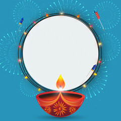 Happy Diwali festival of lights background with diya and firecrackers. Blank space for your advertisement work.