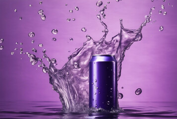 mock up product photograph of a purple color aluminum soda can isolated in splash of water with copy space for text