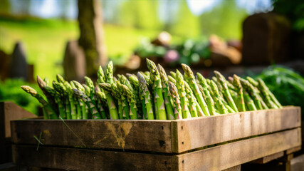 bunch of fresh green asparagus in wooden box on garden background - Powered by Adobe