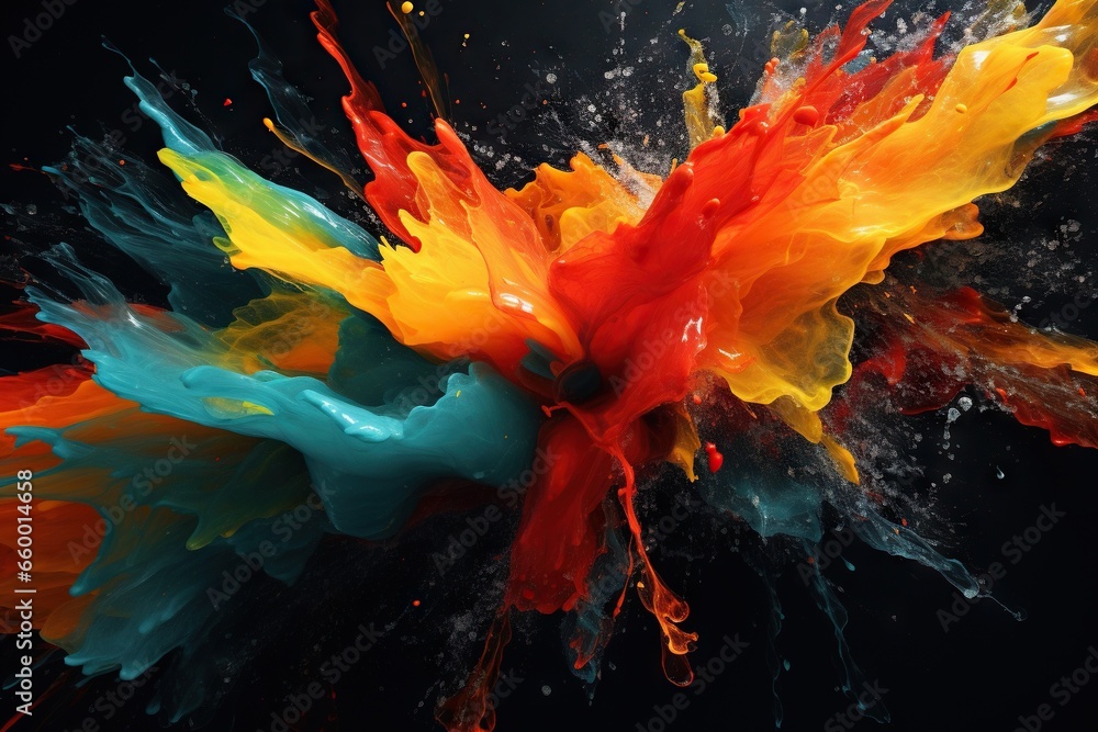 Poster a multicolored object is flying through the air with water. generative ai