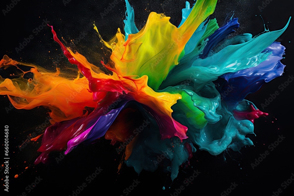 Poster a multicolored object flying through the air with a black background. generative ai