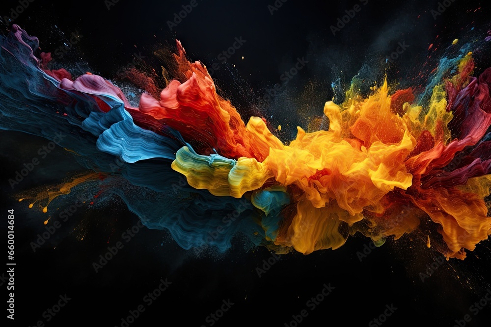 Poster a multicolored object is flying through the air with a black background. generative ai