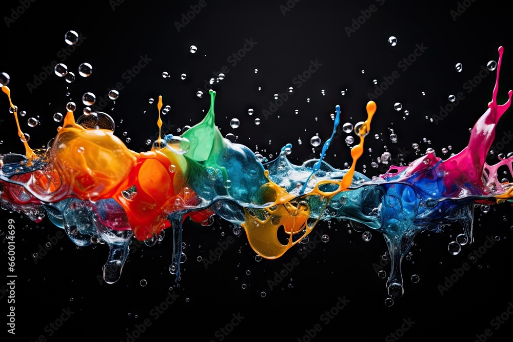 Poster a group of multicolored water splashes on a black background. generative ai