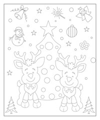 Coloring page of a decorated Christmas tree with gifts. Vector black and white illustration on white background.