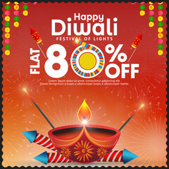 Happy Diwali celebration sale banner template design with big discounts to attract people. Indian festival of lights with diya and fireworks.