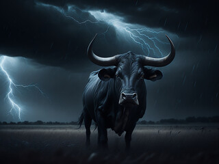 Naklejka premium Night gloomy landscape with a bull. AI