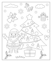Coloring page of a decorated Christmas tree with gifts. Vector black and white illustration on white background.