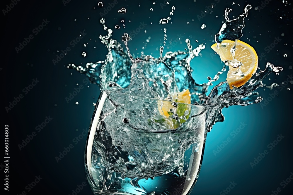 Poster a glass filled with water and a lemon slice floating in it. generative ai