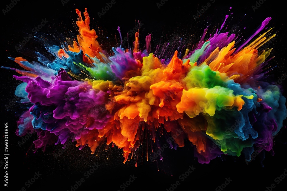 Poster a multicolored object is flying in the air with a black background. generative ai