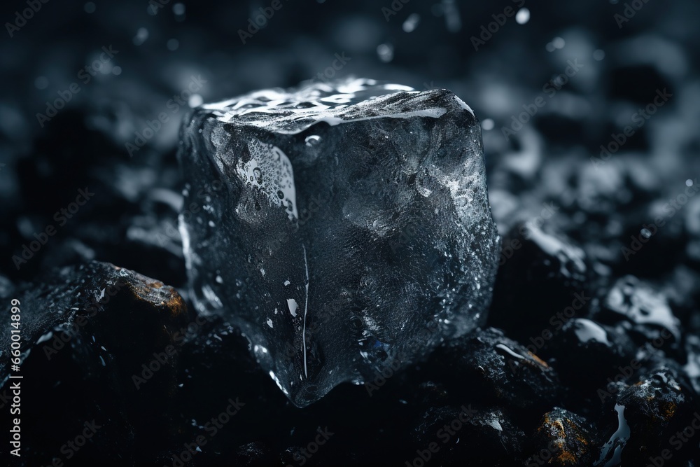 Poster an ice cube sitting on top of a pile of rocks. generative ai