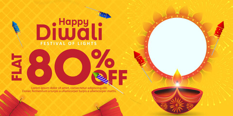 Happy Diwali sale banner template design and diya and firecrackers with huge discount to attract people. - obrazy, fototapety, plakaty