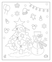 Coloring page of a decorated Christmas tree with gifts. Vector black and white illustration on white background.