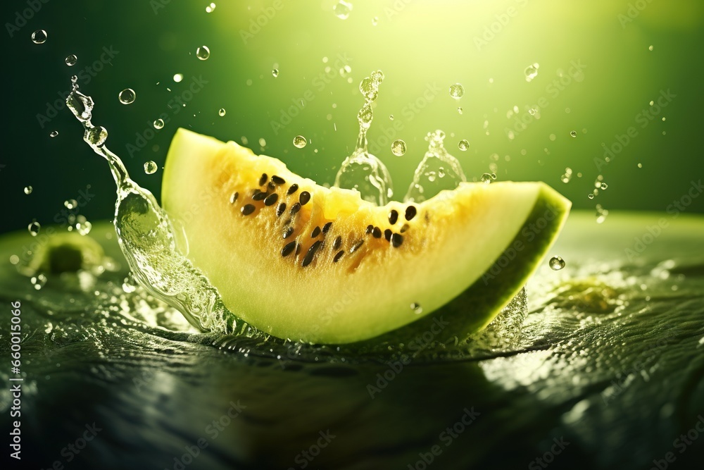 Poster a slice of watermelon is being splashed with water. generative ai