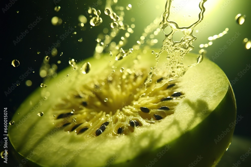 Poster a kiwi fruit with water splashing on top of it. generative ai