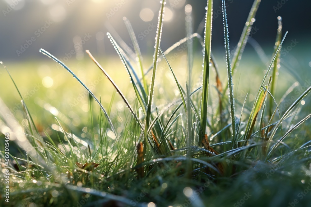 Poster a close up of a grass with dew on the grass. generative ai