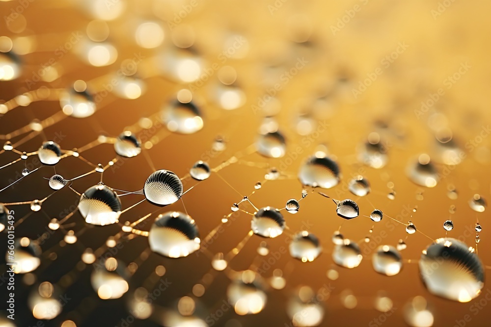 Poster water droplets on a spider web on a yellow background with a black background. generative ai