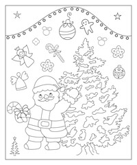 Coloring page of a decorated Christmas tree with gifts. Vector black and white illustration on white background.