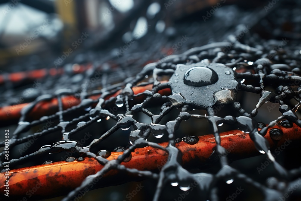 Poster a close up of a metal object with drops of water on it. generative ai