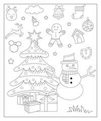 Fototapeta na wymiar Coloring page of a decorated Christmas tree with gifts. Vector black and white illustration on white background.
