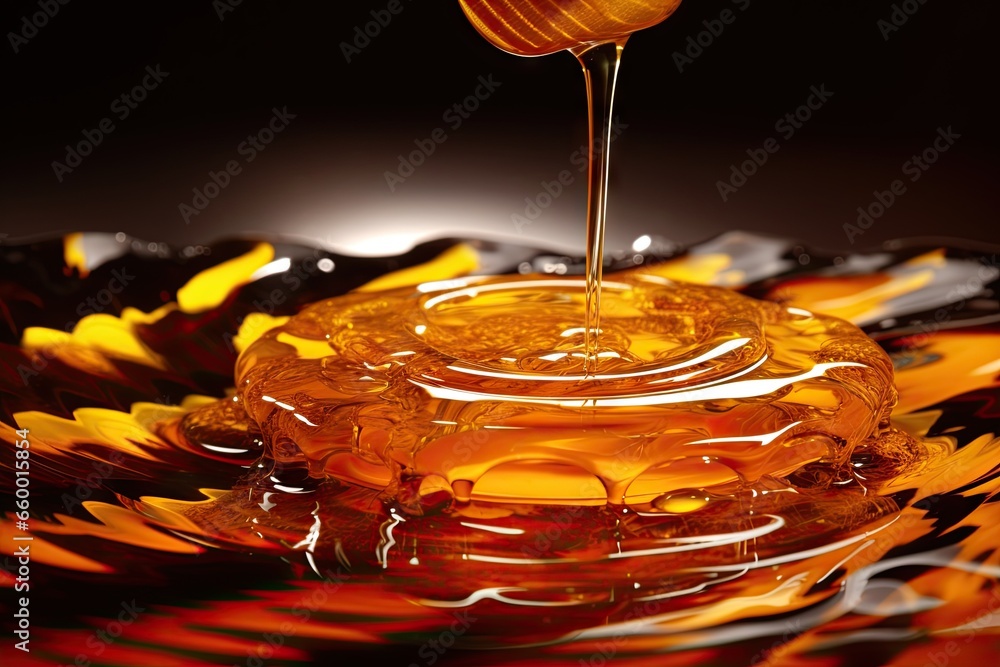 Poster a honeycomb with honey dripping from it onto a dark background the honeycomb is in the center of the