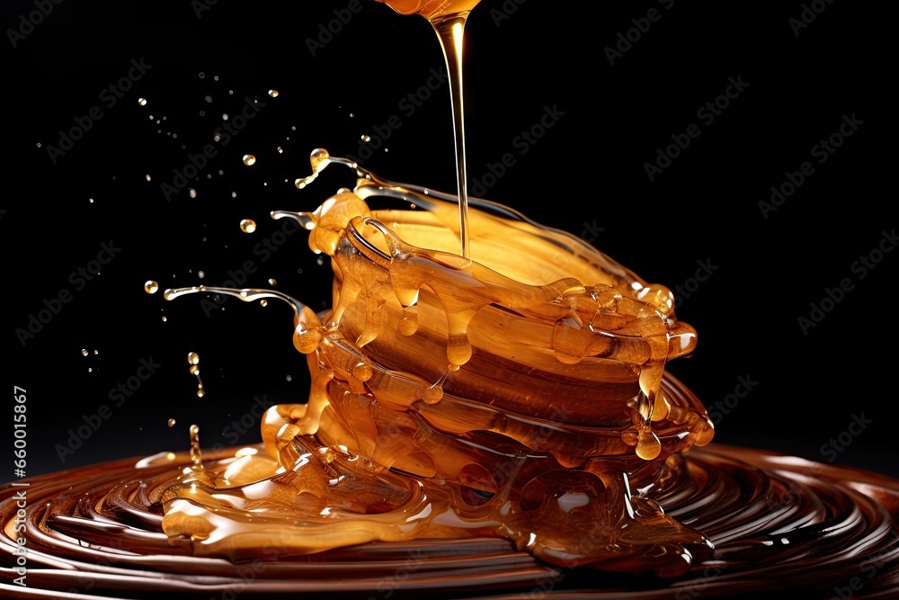 Poster a stack of pancakes with syrup being poured on top of it. generative ai