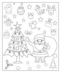 Coloring page of a decorated Christmas tree with gifts. Vector black and white illustration on white background.