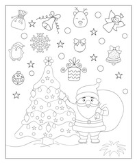 Coloring page of a decorated Christmas tree with gifts. Vector black and white illustration on white background.