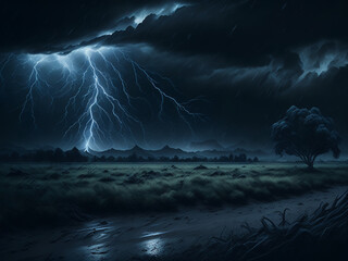 Fantastic gloomy landscape at night. AI