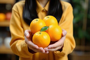 woman hand hold it up fresh orange in farm