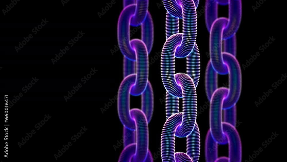 Poster three-dimensional chain links made of glowing neon particles moving up on black background. abstract