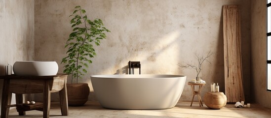 Fototapeta na wymiar Bathroom at retro style resort with minimalistic design