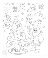 Coloring page of a decorated Christmas tree with gifts. Vector black and white illustration on white background.