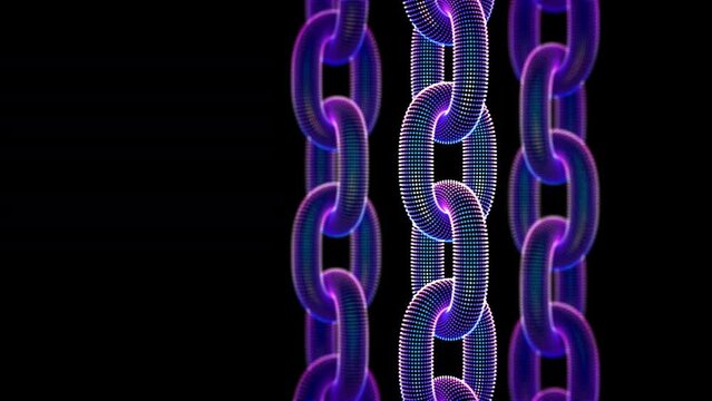 Three-dimensional chain links made of glowing neon particles moving up on black background. Abstract concept of blockchain technology, cryptocurrency security or network connection. Looped animation