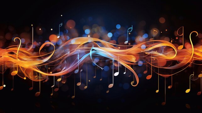 image of abstract music background with notes and bokeh lights, illustration music icon song time wavy shape Generative AI